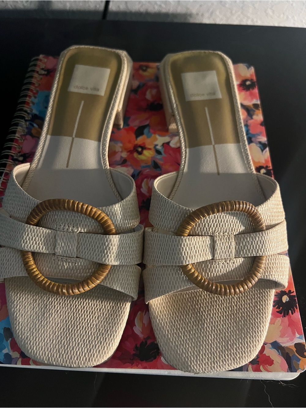 Dolce Vita Cream Slide Sandals with Tan Ring Detail
